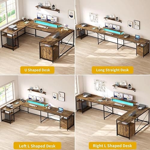 DWVO U Shaped Desk with Drawers, 79" Reversible L Shaped Desk with Power Outlets & LED Lights, Corner Computer Desk with Monitor Stand & Storage Shelves, Rustic Brown thumbnail 3
