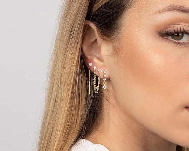Moodear Dangle Earrings 3/4 Pairs Dainty 14K Gold Plated Earrings for Women Trendy Chain Earring Stacks Set Cubic Zirconia Drop Hoop Stud Hypoallergenic Earrings for Women Jewelry Gifts thumbnail 9