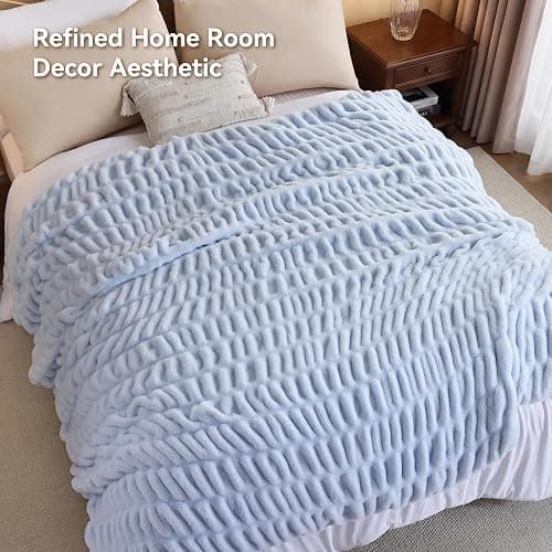 Smoofy Light Blue Fluffy Blanket for Couch - Luxury Faux Rabbit Fur 60"x80" | Ultra Soft & Plush Comfort Ruched Blanket, Cozy Fuzzy Fleece Throw for Sofa, Bed & Office, Gift for Women, Blue Room Decor thumbnail 8