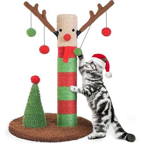 BOLUO Christmas Cat Scratching Post Deer Cat Trees for Adult Cats Scratcher Cute Toy Kitten Kitty Sisal Scratch with Teaser Ball Indoor 25 inch - Image 1