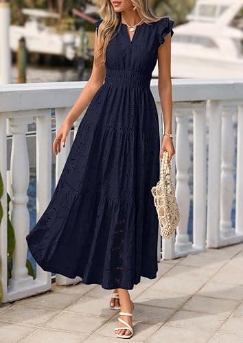 PRETTYGARDEN Women's Summer Eyelet Boho Maxi Dresses | V Neck, Elastic Waist, Cap Sleeve, Tiered Ruffle, A-Line, Floral Lace Cutout, Wedding Guest Dress, Beach Vacation Clothes thumbnail 7