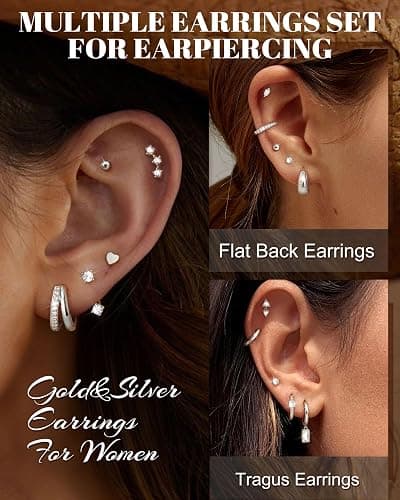 Dochais 13 Pairs 14K Gold Silver Earring Set for Women Hypoallergenic 316L Surgical Steel Stud Hoop Flat Back Cartilage Earrings for Multiple Piercings Dainty Huggie Jewelry thumbnail 5
