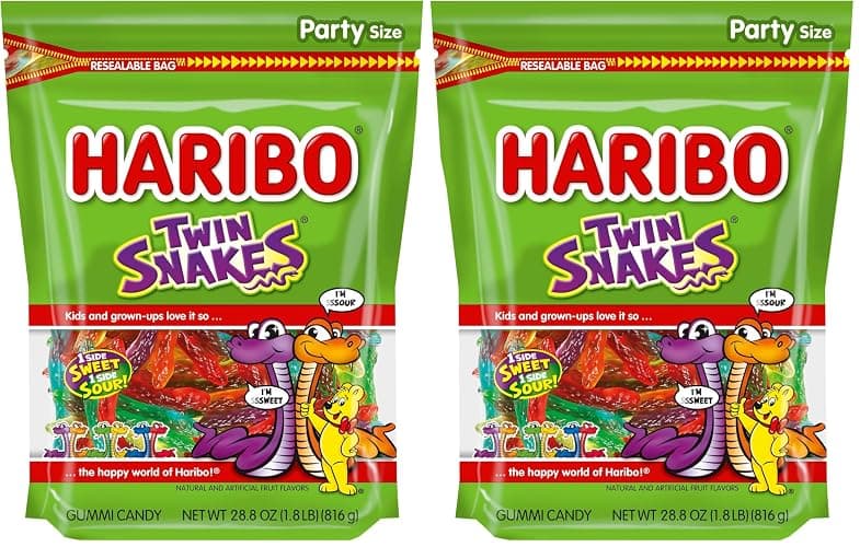 HARIBO Gummi Candy, Twin Snakes Sweet & Sour Gummy Candy, 28.8 Ounce Resealable Party Size Stand Up Bag, Soft & Chewy Snacks, Assorted Fruity Flavors (Pack of 2) - Image 1