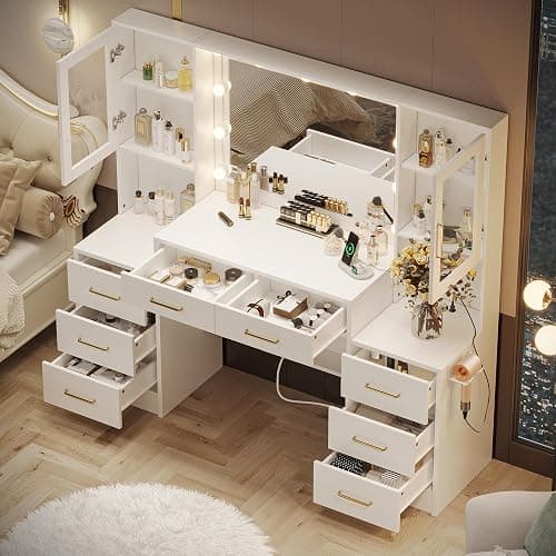 TOKSOM 58.3”Vanity Desk with Mirror and Lights & Charging Station, Bedroom Dressing Table, Large Vanity Set, 8 Drawers and 2 Cabinets, Makeup Vanity Table with Charging Station, Without Stool thumbnail 3