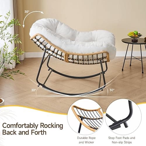 ONBRILL Outdoor Rocking Chairs, Oversized Papasan Rocking Chair Indoors with Padded Cushions, Rattan Wicker Lounge Chair for Living Room, Porch, Patio, Garden thumbnail 5
