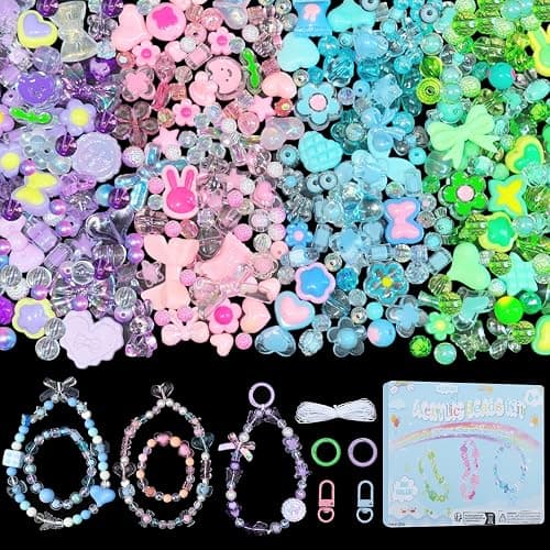 JoyJellies Bracelet Making Kit Assorted Acrylic Beads, 4 Colors Charms Keychain Making Kit with String Key Ring Clips Bow Heart Cute Beads for Bracelets Arts and Crafts Jewelry Making Kits - Image 1