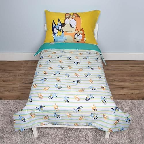 Bluey 4 Piece Toddler Bedding Set – Includes Comforter, Sheet Set – Fitted Top Sheet Reversible Pillowcase for Boys or Girls Bed, Blue thumbnail 2