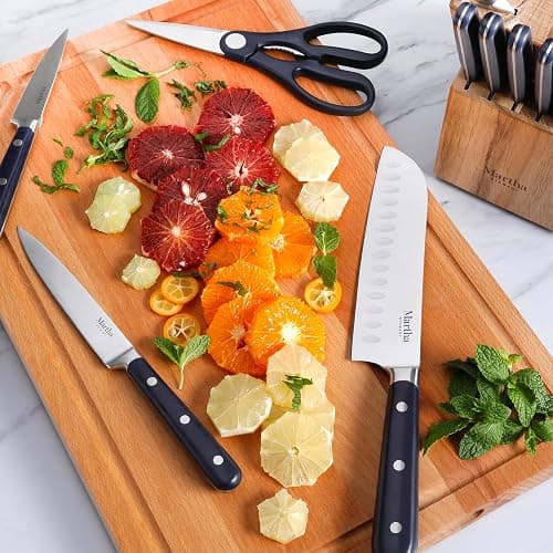 MARTHA STEWART Eastwalk 14 Piece High Carbon Staineless Steel Cutlery Set w/ABS Triple Riveted Forged Handle Acacia Wood Block - Navy Blue thumbnail 2