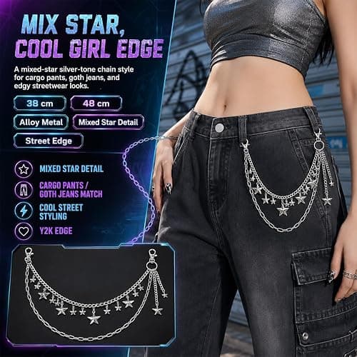 QWALIT Y2K Star Pants Chain for Men Jean Chains for Women Pocket Chain for Pants Biker Hip Punk Chains Y2K Jewelry for Women Accessory Silver Trendy Fashion for Music Festival Concert Cosplay thumbnail 2