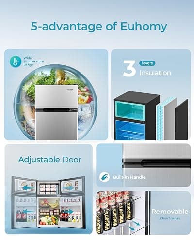 EUHOMY Mini Fridge with Freezer, 3.2 Cu.Ft Mini Refrigerator fridge, 2 door For Bedroom/Dorm/Office/Apartment - Food Storage or Cooling drinks, Silver thumbnail 8