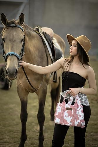 Wrangler Cow Print Tote Bag for Women Western Purse Boho Top Handle Satchel Handbag with Signature Strap - Allover Cow Print Light Pink thumbnail 2