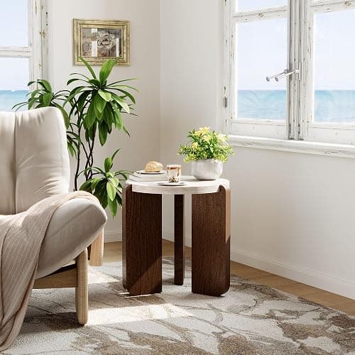 COSIEST Modern Round Coffee Table & Side Table Set, Faux Marble Wood Top, Walnut & Cream White Legs, Minimalist Living Room Center & Accent Table(2 PCS) thumbnail 8