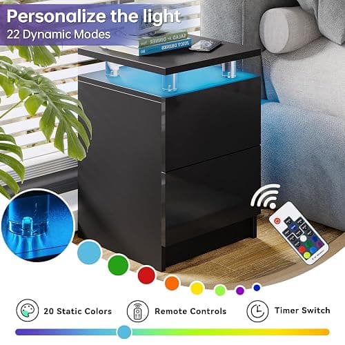 Nordivale 15" Black Nightstand Set of 2 with LED Lights, Modern Bedside Tables for Bedroom, Nightstands with 2 Storage Drawers, 15 Inch Sturdy Storage End Tables, Black thumbnail 3