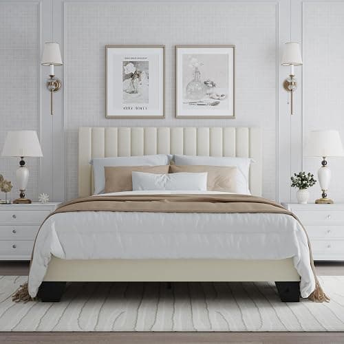 ZZBINUS Full Bed Frame, Velvet Upholstered Platform Bed Frame with Adjustable Headboard, Vertical Quilted Design, Sturdy Slatted Mattress Base, Easy to Assemble, White - Image 1
