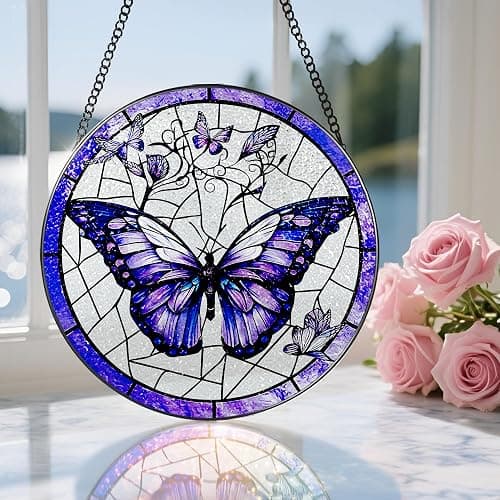 Stained Glass Window Hanging, 8 Inch Purple Butterfly Stained Glass Suncatcher, Butterfly Light Catcher, Window Hanging Decor, Gifts for Mother's Day, Christmas, Birthday, Gifts for Women Mom Grandma thumbnail 5
