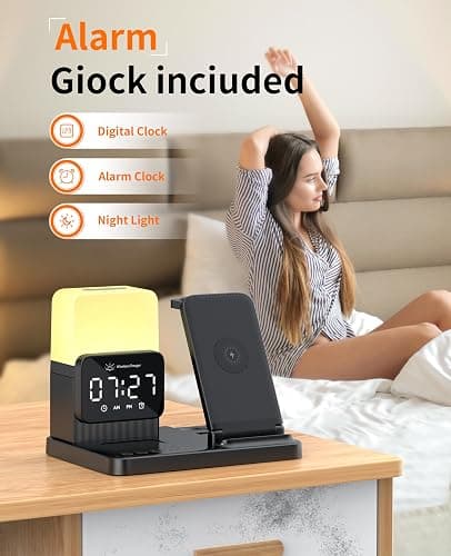 6-in-1 Wireless Charging Station, Charger Stand for Apple Multiple Devices, for iPhone 17 16 15 14 13 12 Pro Max Watch Airpods, Wireless Charger iPhone Charging Station with Night Light/Alarm Clock thumbnail 5