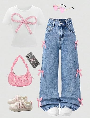 Peakpride Baggy Jeans for Girls Wide Leg High Elastic Waisted Cute Bow Denim Y2k Pant Trendy Boyfriend Skater Streetwear thumbnail 4