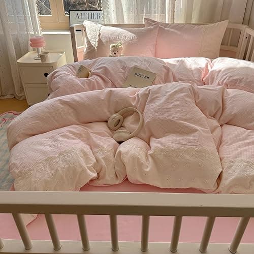 VM VOUGEMARKET Pink Full Duvet Cover Set 3 Pieces Lace Bedding Set Simple Cozy Plaid Checkered Comforter Cover with Zipper Ties for Teen Girls thumbnail 2