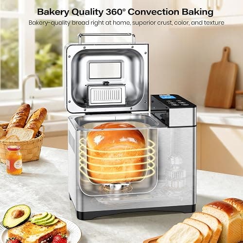 KBS Pro 710W 2LB Bread Maker, Stainless Steel 17-in-1 Smart Bread Machine with Healthy Ceramic Pan, Automatic Nut Dispenser, Tempered Glass Touch Panel, 3 Crust Colors, 15H Timer& Keep-Warm, Recipes thumbnail 7