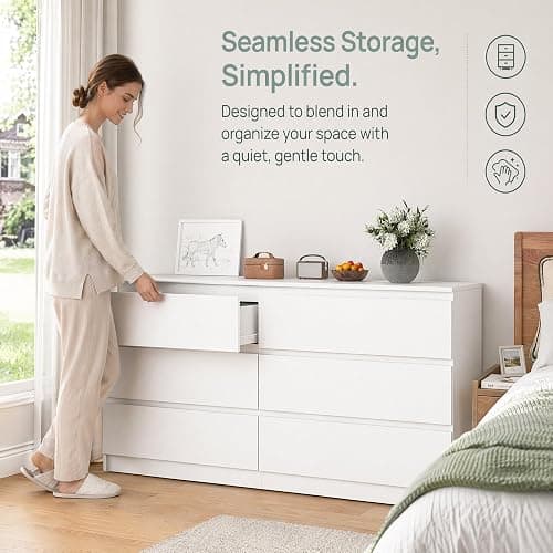 Spaco White 6 Drawer Dresser for Bedroom,48'' Modern Dresser with Deep Drawer,Wide Storage Chest of Drawers,Bedroom Storage Organizer Furniture,TV Stand for Living Room thumbnail 5