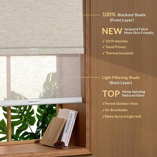 Boolegon Cordless Dual Roller Shades, Jacquard Beige & White, Custom Size | Double Window Shades, Blackout and Light Filtering Shades with Valance, Day and Night Roller Blinds for Home Office Door - Image 1