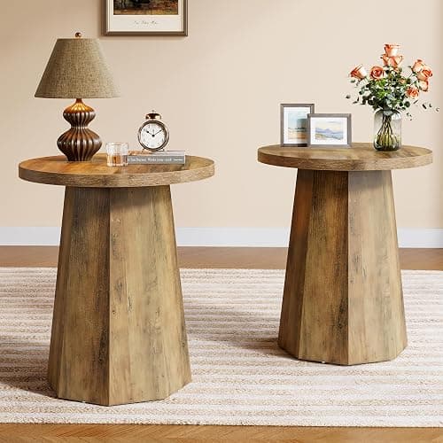 Tribesigns Farmhouse Round End Table, Wooden Couch Side Table with Octagonal Base, Rustic Brown Nightstand Pedestal Accent Furniture for Living Room, Bedroom (2) - Image 1