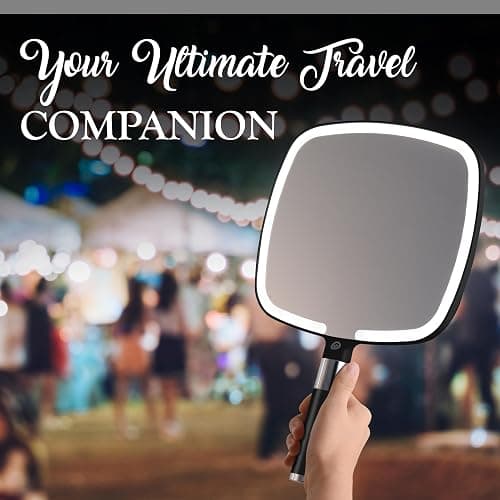 MIRRORVANA Lighted Travel Makeup Mirror - 2 in 1 Handheld & Tabletop LED Mirror with 3 Light Modes, Detachable Stand, and Comfy Handle - 9" x 13" (Black) thumbnail 7
