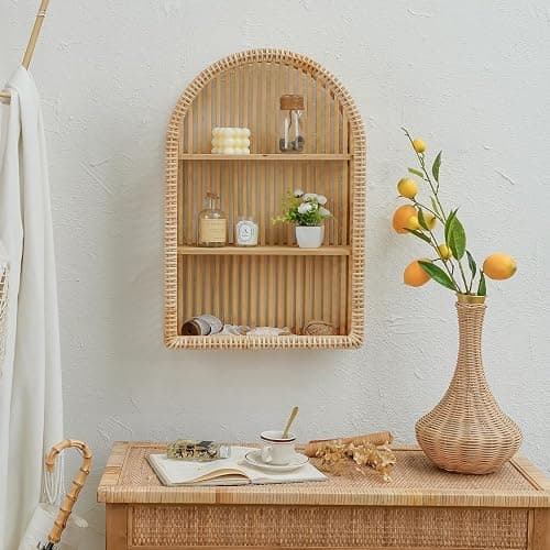 Synovana Rattan Wall Shelf - 3 Tier Boho Arch Hanging Shelves Handcraft Floating Shelf for Bathroom Living Room Wall Decor, 15.75" x 23.62" thumbnail 8