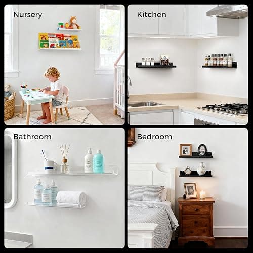 RICHER HOUSE 4 Pack White Acrylic Floating Shelves for Wall, 15"x4" Wall Mounted Shelf for Vinyl Record Display/Bookcase, Cosmetics/Room Décor//Storage in Bedroom, Office, Kitchen,Bathroom,Nursery thumbnail 7