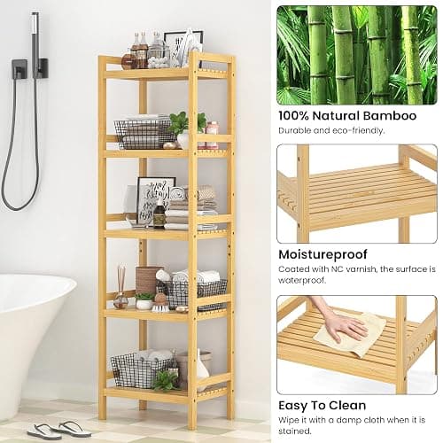 Homykic Bamboo Bookshelf, 5-Tier Narrow 55.9” Adjustable Book Shelf Bookcase Bathroom Shelves Freestanding Storage Stand for Living Room, Bedroom, Kitchen, Rust Resistance, Easy Assembly, Natural thumbnail 6