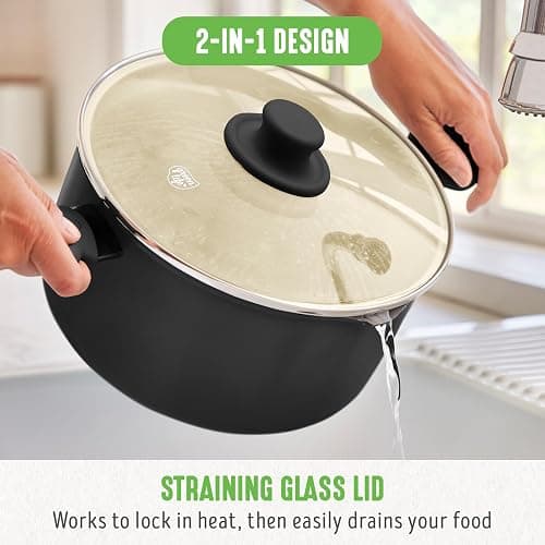 GreenLife 6QT Ceramic Nonstick Stockpot with Glass Straining Lid, PFAS-Free, Dishwasher Safe, Stay-Cool Handles, Oven Safe to 350°F, Wobble-Free Base, Even Heating, Black thumbnail 7