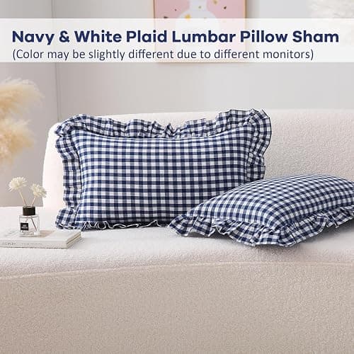 K MASANIJI 2 Pack Navy Blue Plaid Ruffle Gingham Lumbar Pillow Shams, 100% Washed Cotton Linen Feel Checkered Farmhouse Zipper Closure Pillow Covers for Bed/Sofa Zipper Closure - 20"x12" thumbnail 2