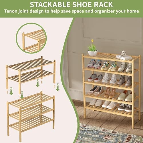 ROMGUAR CRAFT 3 Tier Bamboo Shoe Rack for Closet Free Standing Wood Shoe Shelf Storage Organizer for Entryway Small Space Stackable 27"x11"x20" (Natural) thumbnail 5