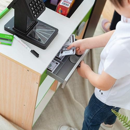 Teamson Kids Cashier Austin Interactive Wooden Play Market Stand with Lights and Sounds, Manual Conveyor Belt, Register and Display Spaces, Green and White Décor on Natural Wood | Manual Conveyor Belt, Scanner, Display Shelves, Green and Natural, Educational Toys for Toddlers Ages +3 thumbnail 4