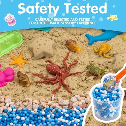 Ocean&Sand Sensory Bin with Lid, 42 Pcs Sensory Sand Kit with Sea Animals for Kids, Birthday Christmas Gifts for Boys Girls, Preschool Learning Activities Tools Box, Outdoor Sandbox Toys for Toddlers thumbnail 7