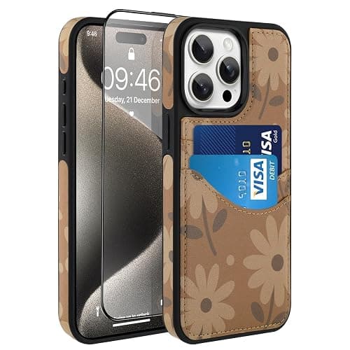 MOWIME Compatible with iPhone 15 Pro Max Wallet Case with Card Holder (2 Cards), Daisy Floral Shockproof Soft TPU Protective Cover Women Girls, Daisy Case for iPhone 15 Pro Max 6.7 Inch, Brown thumbnail 6