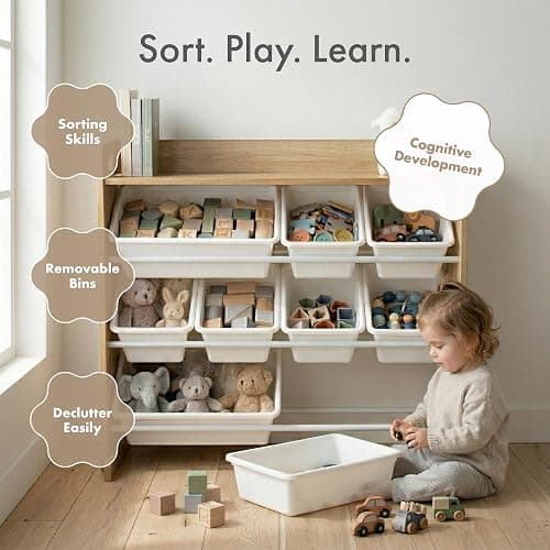 Humble Crew Kids Toy Organizer with Display Shelf, 9 Bins, 3 Tier Storage | Sturdy wood and steel toddler shelf, removable BPA-free containers, wall anchor anti-tip safety kit for bedroom or classroom thumbnail 6