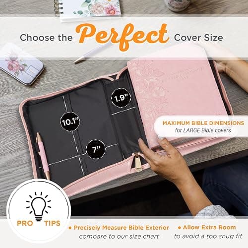 Christian Art Gifts Premium Vegan Leather Fashion Floral Bible Cover for Women: Strength & Dignity - Prov. 31:25 Inspirational Scripture Verse Carry Case w/Pockets & Pen Storage, Pink & Gold, Large thumbnail 6