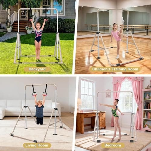 SHIWEI Gymnastics Bar for Kids, Gymnastic Kip Bar 5-Height Adjustable Home | Foldable, Indoor Outdoor Use, 140lb Capacity, for Ages 3-8, with Gymnastics Rings, Anti-Slip & Space-Saving Design thumbnail 6