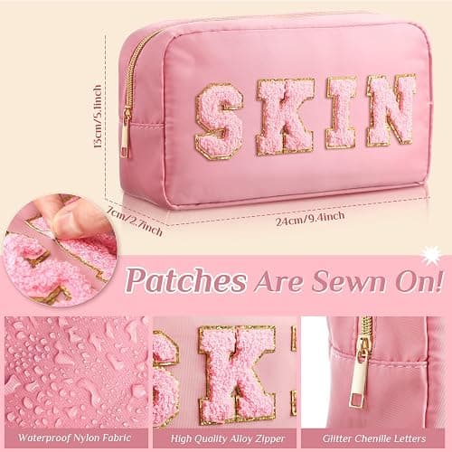 Remerry 4 Pcs Nylon Cosmetic Bag Travel Organizer Chenille Letter Makeup Pouch Zipper Preppy Waterproof Hair Bag Toiletry Pouch for Women Girls(Light Brown, Beige, Light Pink, White) - Light Brown, Beige, Light Pink, White thumbnail 2