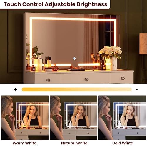 SMOOL Vanity with Mirror and Lights - Vanity Desk with Power Outlet and 9 Drawers, 3 Color Lighting Modes, Adjustable Brightness, Makeup Vanity with Soft Cushioned Stool for Bedroom, White 43Inches thumbnail 4
