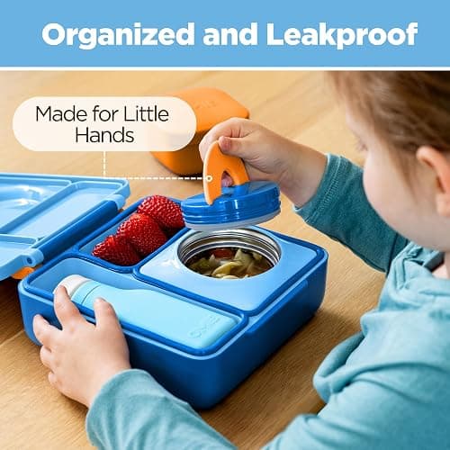 OmieBox Bento Box for Kids - Insulated Bento Lunch Box with Leak Proof Vacuum Insulated Food Jar - 3 Compartments, Two Temperature Zones (Blue Sky) thumbnail 9
