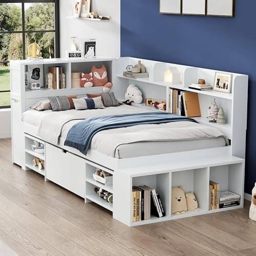 Merax Stylish Single Bed, 3FT Bed Frame with Drawers, Bookcase and Storage Cupboard, Multifunctional Wooden Single Bed Frame with Storage, Children's Bed, Slatted Frame, White, 90x190cm - Image 1