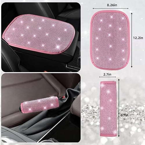 NBTEPEM 30 Pcs Pink Bling Car Accessories Set for Women, Pink Steering Wheel Cover Set, Bling Console Cover, Seat Belt Cushion, Shift Knob Cushion, Cup Coaster, Rhinestone Car Hanging Accessories thumbnail 4