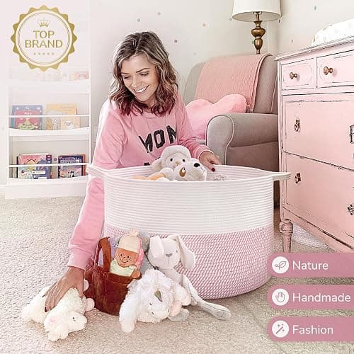 INDRESSME XXXLarge Storage Basket with Handle, Pink Laundry Basket for Nursery Stuffed Animal Storage, Baby Baskets Kids Toy Organizer, 21.7" x 21.7" x 13.8", Pink thumbnail 6