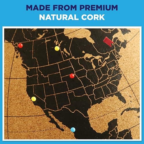 Cork Globe with Push Pins - 9.4” Globe with Map of the World and Rotating Stand for Children or Adults, 100 Metallic and 100 Colored Push Pins - World Map for Home, Office, Classroom, Travel, Kids thumbnail 8