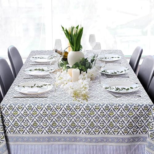 Newtay 60'' x 90'' Hand Block Print Mahjong Table Cloth Square Cotton Floral Tablecloth Washable Print Rectangle Table Cover with Dust Proof for Kitchen Dining Party(60'' X 90'',Light Steel,Blue) thumbnail 5