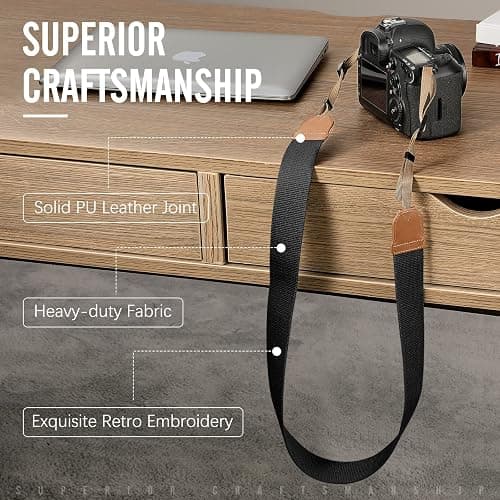 MoKo Camera Strap, Cotton Woven Camera Strap, Adjustable Universal Neck & Shoulder Strap for Video Camcorder, Binoculars, and Nikon/Canon/Sony/Minolta/Panasonic/SLR/DSLR Digital Cameras, Black thumbnail 2