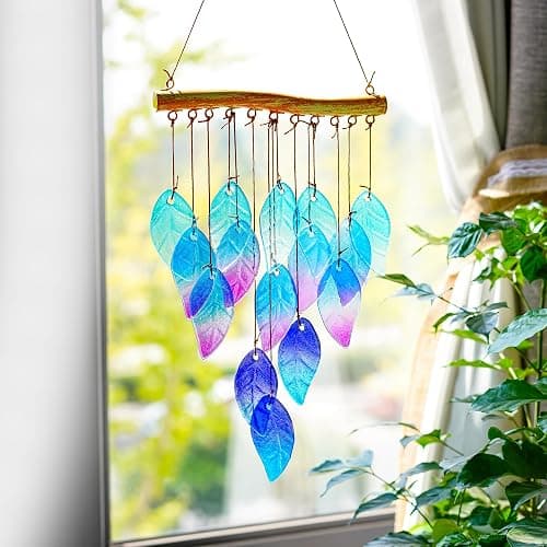 Wind Chimes for Outside,Stained Glass Leaves Wind Chimes Indoor Outdoor Hanging Decor Handmade 12.5" Garden Chimes for Windows, Patio,Backyard Decor Ornament for Christmas Tree thumbnail 5