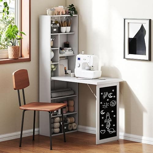 HOMCOM Fold-Out Convertible Writing Table, Computer Desk with Blackboard and Side Shelf Multi-Function Home Office Workstation, White thumbnail 9